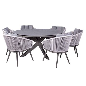 Aspen 6 Seater Round Set150cm Round Spray Stone Table With 6 Rope Style Chairs Including Cushions