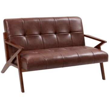 Homcom Compact 2 Seater Sofa, Vintage Tufted Loveseat Sofa With Solid Wood Legs, Pu Leather Small Couch Settee For Living Room, Bedroom, Home Office, 133 X 81 X 785 Cm, Brown