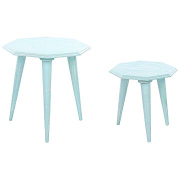 Set Of 2 Nesting Side Tables Blue Distressed Mango Wood Mdf Round Modern End Side Tables For Living Room Retro Vintage Design Beliani