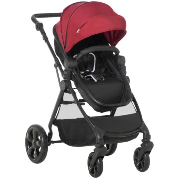 Homcom 2 In 1 Lightweight Pushchair W/ Reversible Seat, Foldable Travel Baby Stroller W/ Fully Reclining From Birth To 3 Years, 5-point Harness Red