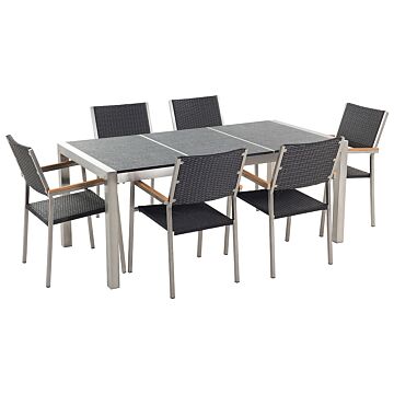 Garden Dining Set Black With Black Basalt Table Top Rattan Chairs 6 Seats 180 X 90 Cm Beliani