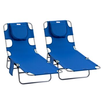 Outsunny 2 Pieces Foldable Sun Lounger W/ Reading Hole, Portable Sun Lounger W/ 5 Level Adjustable Backrest, Reclining Lounge Chair W/ Side