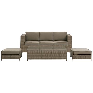 Outdoor Sofa Set Brown Faux Rattan 3 Seater Sofa With Table And 2 Ottomans With Cushions Beliani