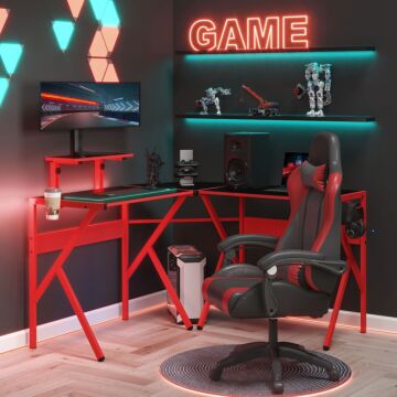 Homcom Gaming Desk L-shaped Corner Computer Table For Home Office Pc Workstations With Adjustable Monitor Stand, Red