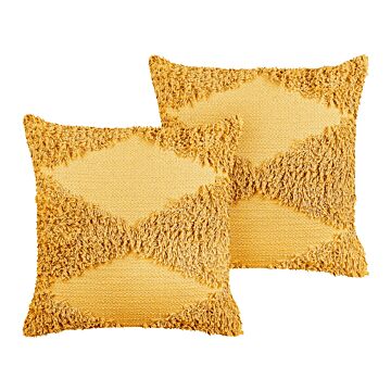 Set Of 2 Decorative Cushions Yellow Cotton 45 X 45 Cm Geometric Pattern Boho Decor Accessories Beliani