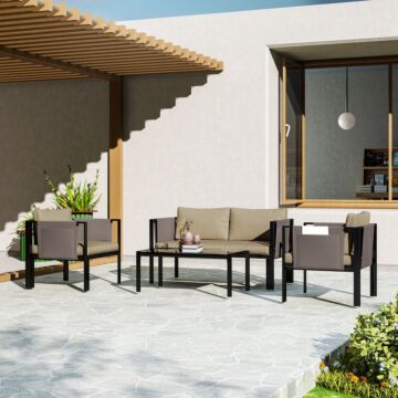 Outsunny 4 Piece Metal Garden Furniture Set With Tempered Glass Coffee Table, Texteline Pocket, Outdoor Set Loveseat Single Armchairs With Padded Cushions, Khaki