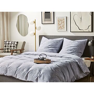 Bedding Set Grey And White Cotton 220 X 240 Cm Floral Pattern Duvet Cover And Pillowcase Classic Elegant Bedroom Beliani