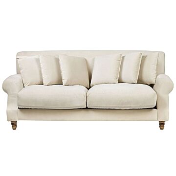 Sofa With 6 Pillows Off-white Velvet Upholstery Light Wood Legs 3 Seater Beliani