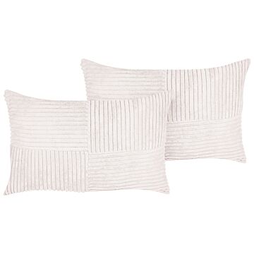 Set Of 2 Decorative Pillows Off-white Corduroy 47 X 27 Cm Striped Pattern Modern Design Throw Cushions Beliani
