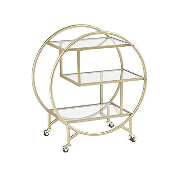 Kitchen Trolley Gold Metal Glass 50 X 34 Cm Glamour Wheels Open Storage Three Shelves Living Room Beliani