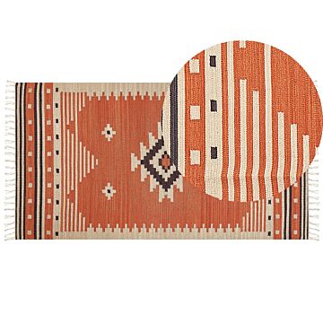 Kilim Area Rug Multicolour Cotton 80 X 150 Cm Reversible Geometric Pattern With Tassels Rectangular Traditional Beliani