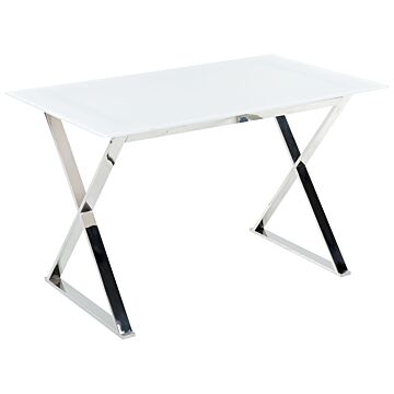 Dining Table White And Silver Tempered Glass And Metal Legs Glossy Finish 120 X 70 Cm Rectangular Glam Beliani