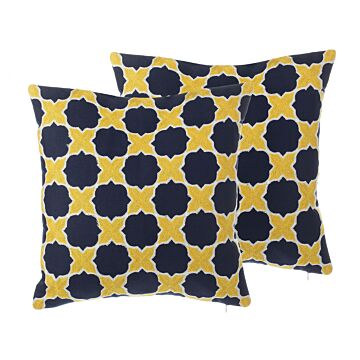 Set Of 2 Decorative Cushions Blue And Yellow Cotton Quatrefoil Pattern 45 X 45 Cm Retro Decor Accessories Beliani