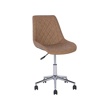 Swivel Office Chair Brown With Silver Base Faux Leather Quilted Upholstery Adjustable Height Beliani