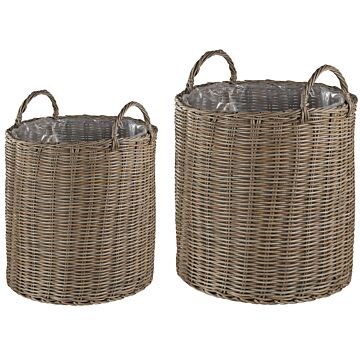 Set Of 2 Plant Baskets Brown Rattan Round With Handles Synthetic Inlay Beliani