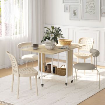 Homcom Mobile Drop Leaf Table Folding Kitchen Table Extendable Dining Table For Small Spaces With 6 Wheels & Storage Shelf Natural Wood Finish