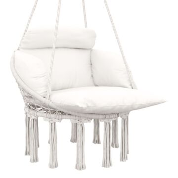 Outsunny Hanging Chair Outdoor Hammock Chair With Soft Cushion, Cotton Rope Boho Style Swing Chair, Hanging Garden Swing Seat For Indoor Outdoor, Cream White