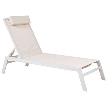 Sun Lounger Beige Sling Headrest Cushion White Powder Coated Aluminium Frame Reclining Garden Outdoor Beliani