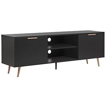 Tv Stand Black With Gold For Up To 75ʺ Tv Metal Legs With Cabinets And Shelves Cable Management Storage Beliani