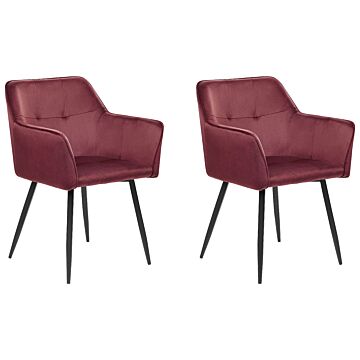 Set Of 2 Dining Chairs Burgundy Velvet Upholstered Seat With Armrests Black Metal Legs Beliani