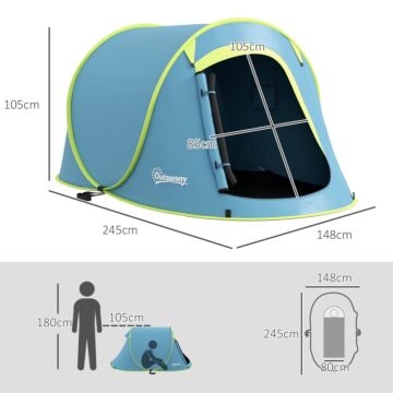 Outsunny 2 Man Pop Up Camping Tent, 2000mm Waterproof With Carry Bag For Fishing Hiking Backpacking, Blue