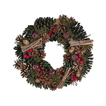 Christmas Wreath Green Synthetic Material Wood Pine Cones Traditional Design Round 35 Cm Beliani