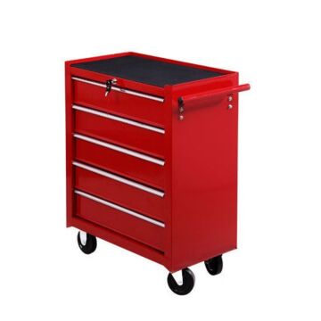 Homcom 5 Drawer Tool Chest On Wheels, Lockable Steel Tool Trolley With Side Handle For Workshop, Garage, Red