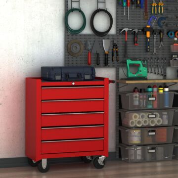 Homcom 5 Drawer Tool Chest On Wheels, Lockable Steel Tool Trolley With Side Handle For Workshop, Garage, Red