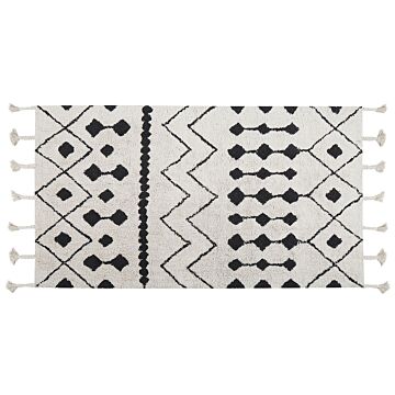 Rug Off-white Black Cotton 80 X 150 Cm Geometric Pattern Runes Tribal Tassels Oriental Beliani