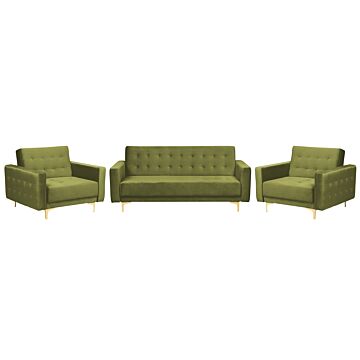 Living Room Set Green Velvet Tufted Fabric 3 Seater Sofa Bed 2 Reclining Armchairs Modern 3-piece Suite Beliani