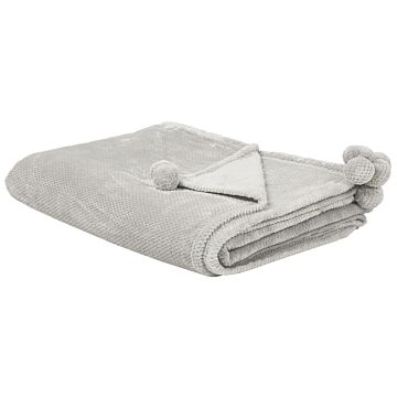 Blanket Light Grey Throw 150 X 200 With Pom Poms Soft Coverlet Beliani
