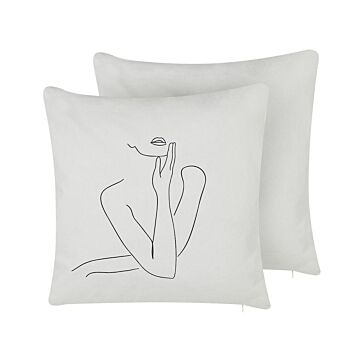 Set Of 2 Scatter Cushions White Cotton 45 X 45 Cm Female Body Line Art Print Decorative Throw Pillows Removable Covers Zipper Closure Modern Beliani