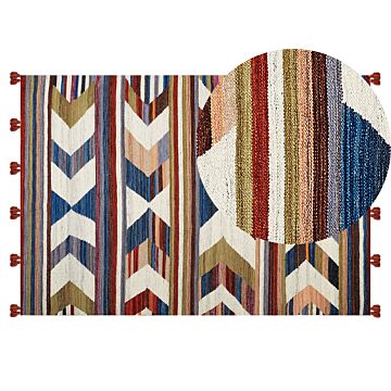 Kilim Area Rug Multicolour Wool And Cotton 140 X 200 Cm Handmade Woven Boho Striped Pattern With Tassels Beliani
