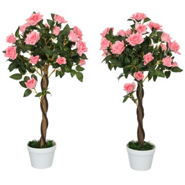 Outsunny Set Of 2 Artificial Plants Pink Rose Floral In Pot, Fake Plants For Home Indoor Outdoor Decor, 90cm