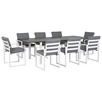 9 Piece Garden Dining Set White Aluminium Extending Table And 8 Chairs With Grey Cushions Beliani