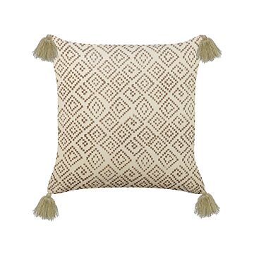 Decorative Cushion Beige Velvet And Cotton 45 X 45 Cm Geometric Pattern Block Printed Boho Decor Accessories Beliani