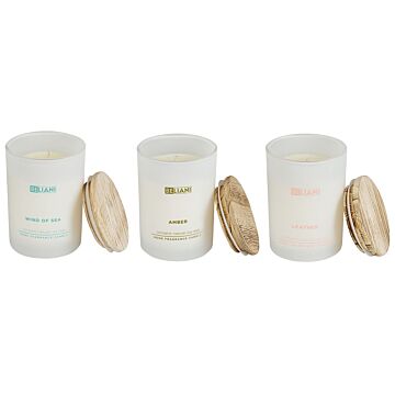 Set Of 3 Scented Candles Multicolour 100% Soy Wax Cotton Wick White Glass Fragrance Leather/wind Of Sea/amber Beliani