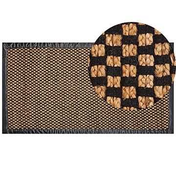 Area Rug Black And Beige Jute Cotton Leather 80 X 150 Cm Rectangular Handwoven Carpet Checked Pattern Rustic Traditional Design Beliani