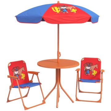 Outsunny Kids Picnic Table And Chair Set Cowboy Themed Outdoor Garden Furniture W/ Foldable Chairs, Adjustable Parasol