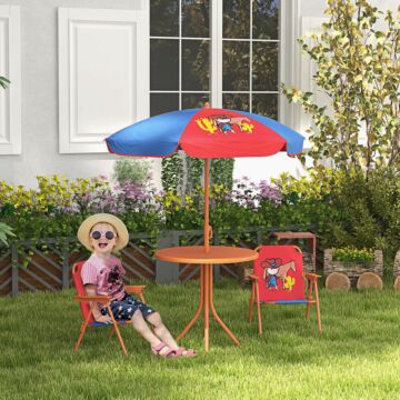 Outsunny Kids Picnic Table And Chair Set Cowboy Themed Outdoor Garden Furniture W/ Foldable Chairs, Adjustable Parasol