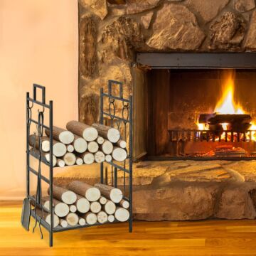 Outsunny 2-layer Heavy Duty Firewood Rack Wood Log Fireplace Stacker W/ 4 Tools, Gold