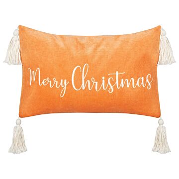 Scatter Cushion Orange Cotton Velvet 30 X 50 Cm Christmas Motif Caption With Tassels Accessories Festive Decor Beliani