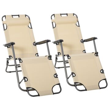Outsunny 2 Pieces Foldable Sun Loungers With Adjustable Back, Outdoor Reclining Garden Chairs With Pillow And Armrests, Beige