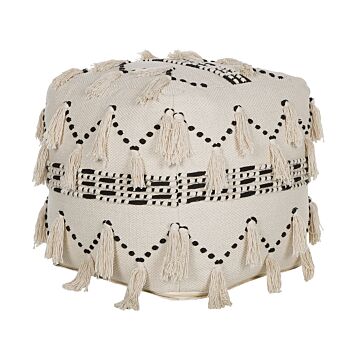 Pouffe Beige With Black Cotton Knit Decorative Tassels Boho Design Beliani