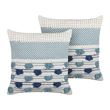 Set Of 2 Decorative Cushions White And Blue Cotton 45 X 45 Cm With Tassels Boho Decor Accessories Beliani