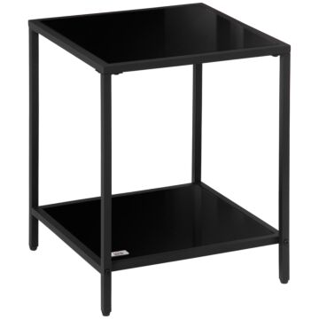 Homcom Side Table With Tempered Glass Top, End Table With 2-tier Storage, Classic Accent Table With Steel Frame, Black