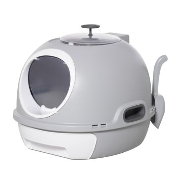 Pawhut Cat Litter Box Toilet With Litter Scoop Enclosed Drawer Skylight Easy To Clean Grey