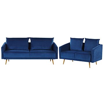 Living Room Set Navy Blue Velvet Back Cushions Metal Golden Legs Retro Glam Beliani