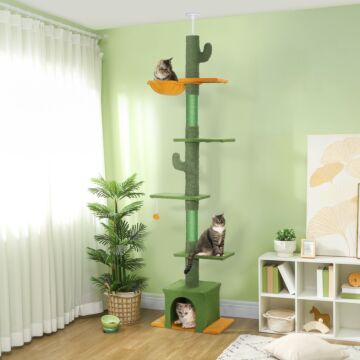 Pawhut 230-275cm Floor-to-ceiling Adjustable Cat Tree With Scratching Posts, Hammock