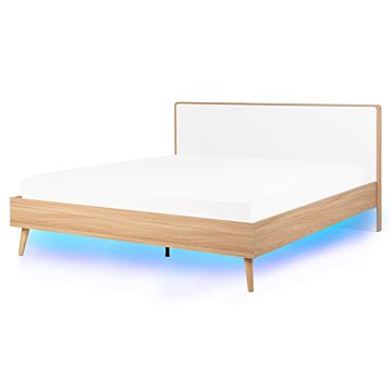 Slatted Bed Frame Light Manufactured Wood And White Headboard Led Illumination 5ft3 Eu Double Size Scandinavian Design Beliani